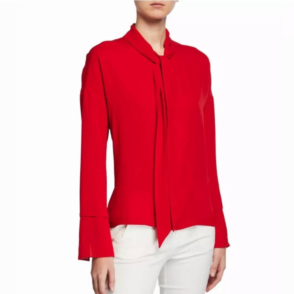 Theory Weekender Red Silk Tie Neck Blouse size S
